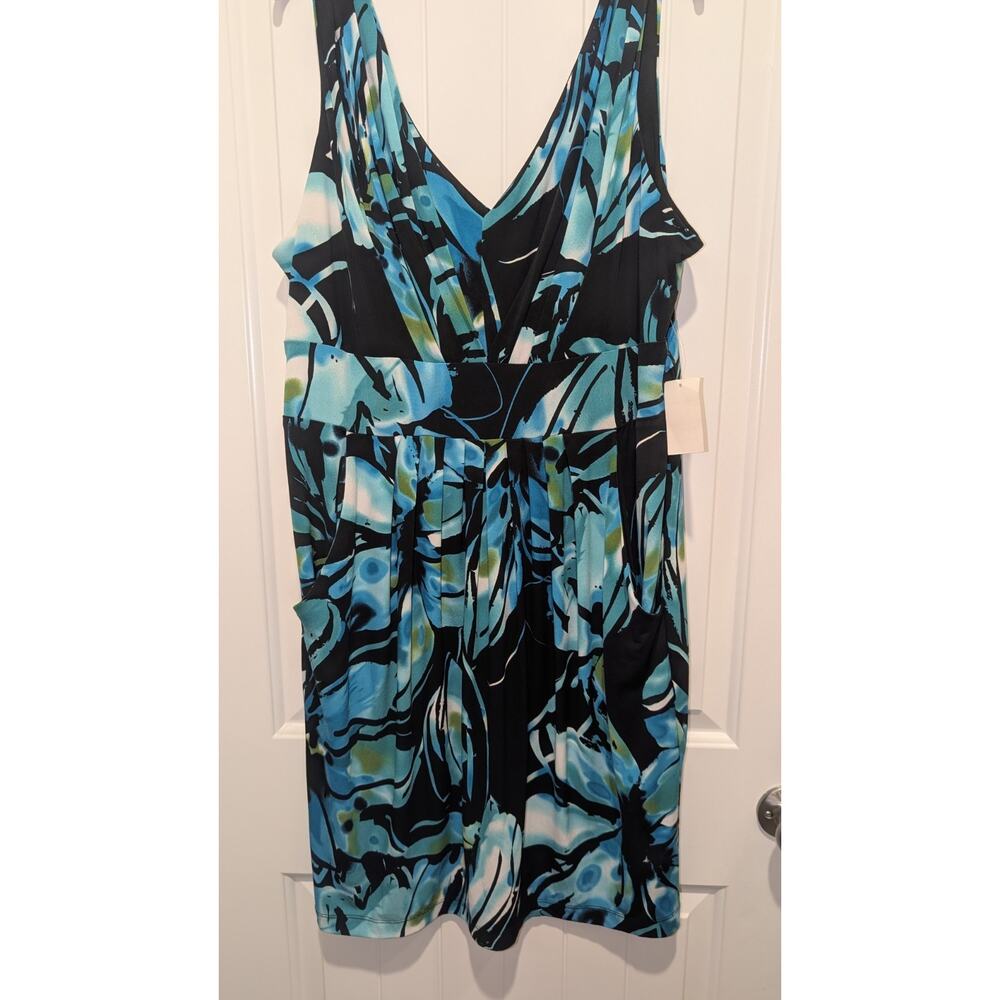 Bisou Bisou Michele Bohbot Blue Green Black Floral Sleeveless Lined Dress Sz 18W